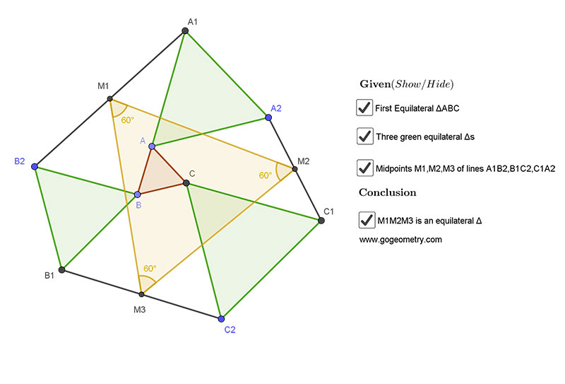 Geometry Problem 1444: The Asymmetric Propeller Theorem, Equilateral Triangles, Midpoints. Using GeoGebra