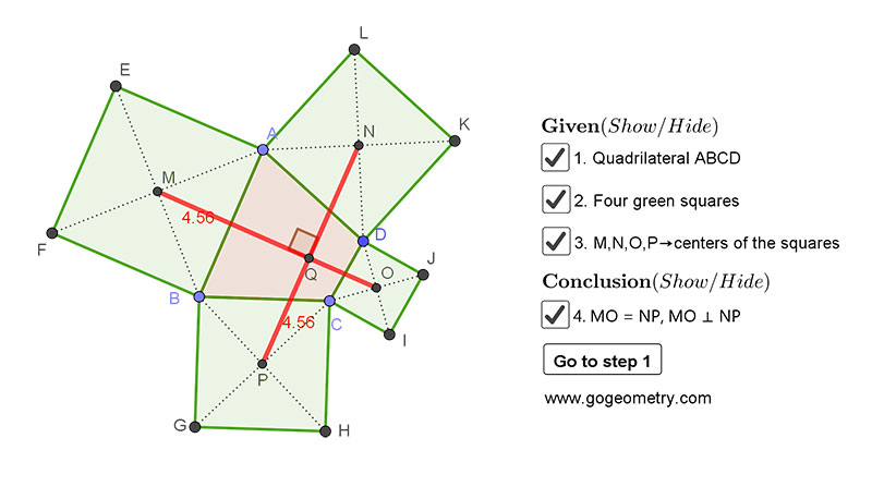 Geometry Problem 1445: Van Aubel's theorem, Quadrilateral and Four Squares, Centers. Using GeoGebra