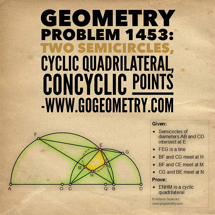 Poster of Geometry Problem 1453: Two Semicircles, Cyclic Quadrilateral, Concyclic Points, iPad Apps, Typography, Poster. Math Infographic, Tutor