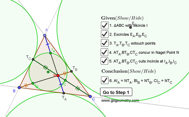 Dynamic Geometry 1455: Nagel Point, Excircles, Incircle, Congruent Segments, Using GeoGebra