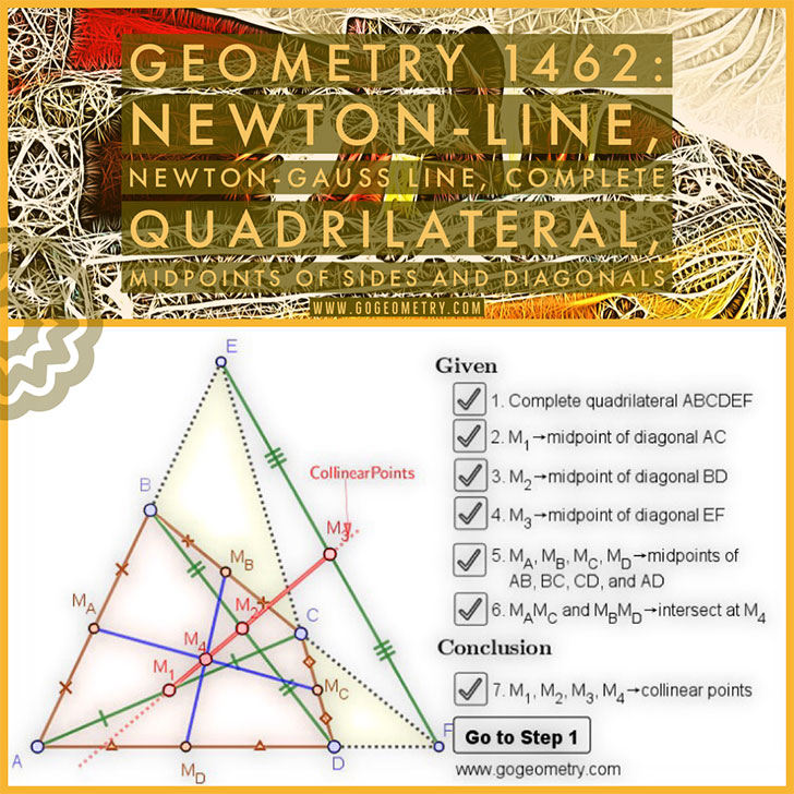 Poster of Problem 1462, Newton-Line, Newton-Gauss Line, Complete Quadrilateral, Midpoints of Sides and Diagonals, Step-by-step Illustration, GeoGebra, iPad 