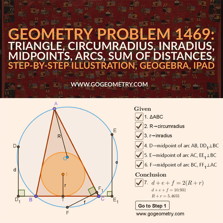 Poster Dynamic Geometry 1469: Triangle, Circumradius, Inradius, Midpoints, Arcs, Sum of Distances, Step-by-step Illustration Using GeoGebra, iPad Apps