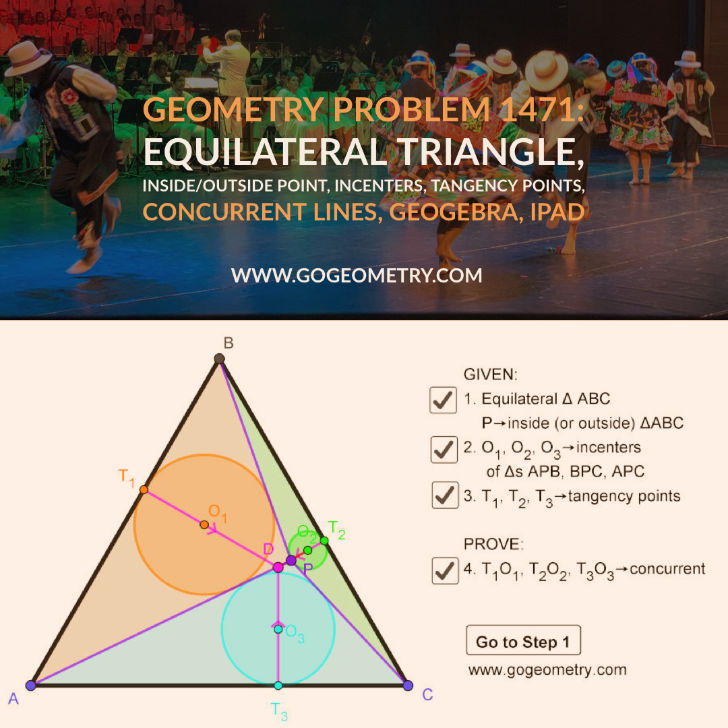 Poster Dynamic Geometry 1471: Equilateral Triangle, Inside/Outside Point, Incenters, Tangency Points, Concurrent Lines, Step-by-step Illustration Using GeoGebra, iPad Apps