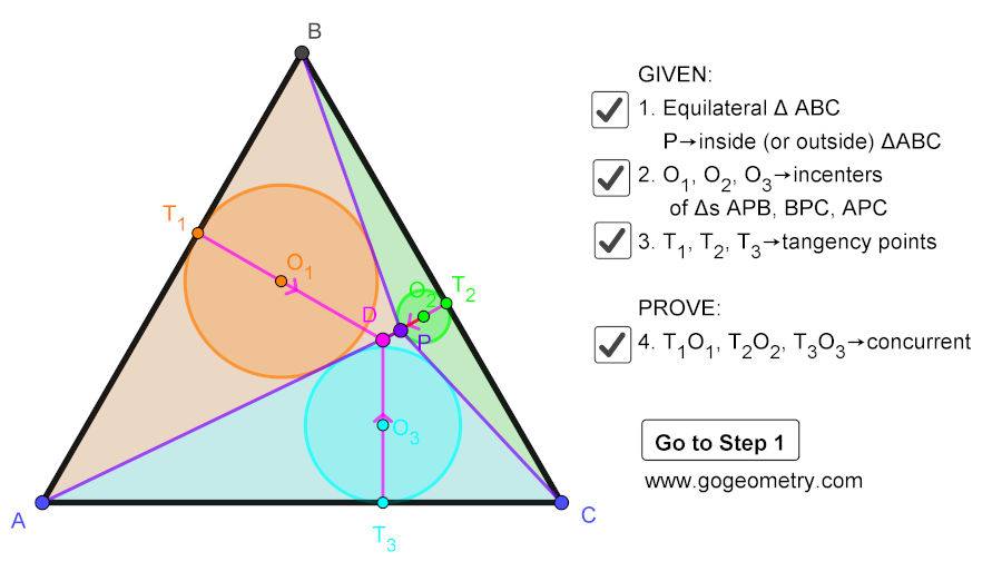 Equilateral Triangle, Inside/Outside Point, Incenters, Tangency Points, Concurrent Lines, Step-by-step Illustration, iPad Apps