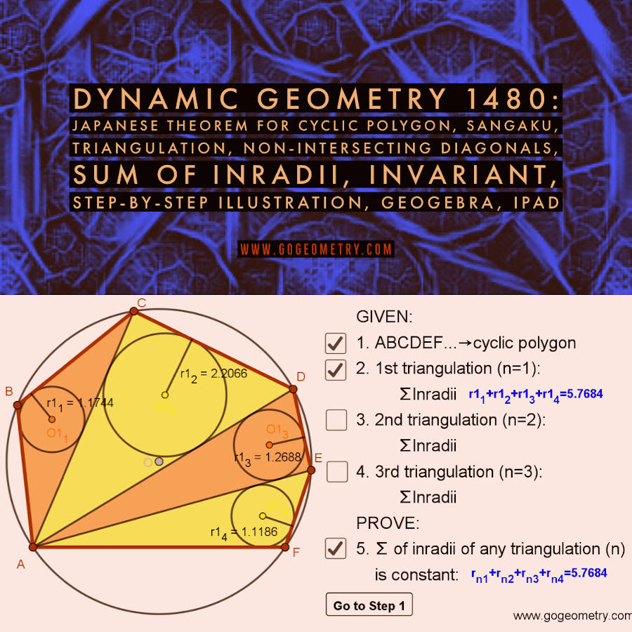 Dynamic Geometry 1480: Japanese Theorem for Cyclic Polygon, Triangulation, Non-intersecting Diagonals, Sum of Inradii, Invariant, Using GeoGebra, iPad Apps