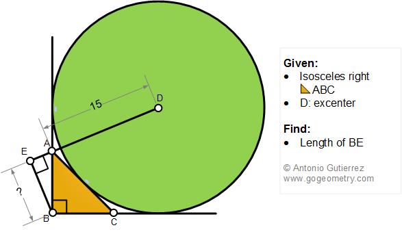 Geometry Problem 1483: Isosceles Right Triangle, Excenter, Perpendicular, Measurement