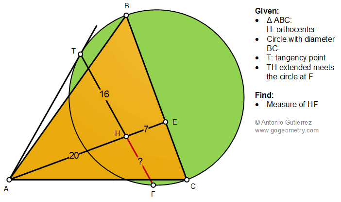 Geometry Problem 1485: Triangle, Orthocenter, Altitude, Circle, Diameter, Tangent, Measurement