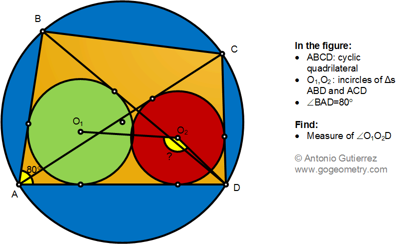 Geometry Problem 1491: Cyclic Quadrilateral, Diagonal, Incircle, Angle, Measurement