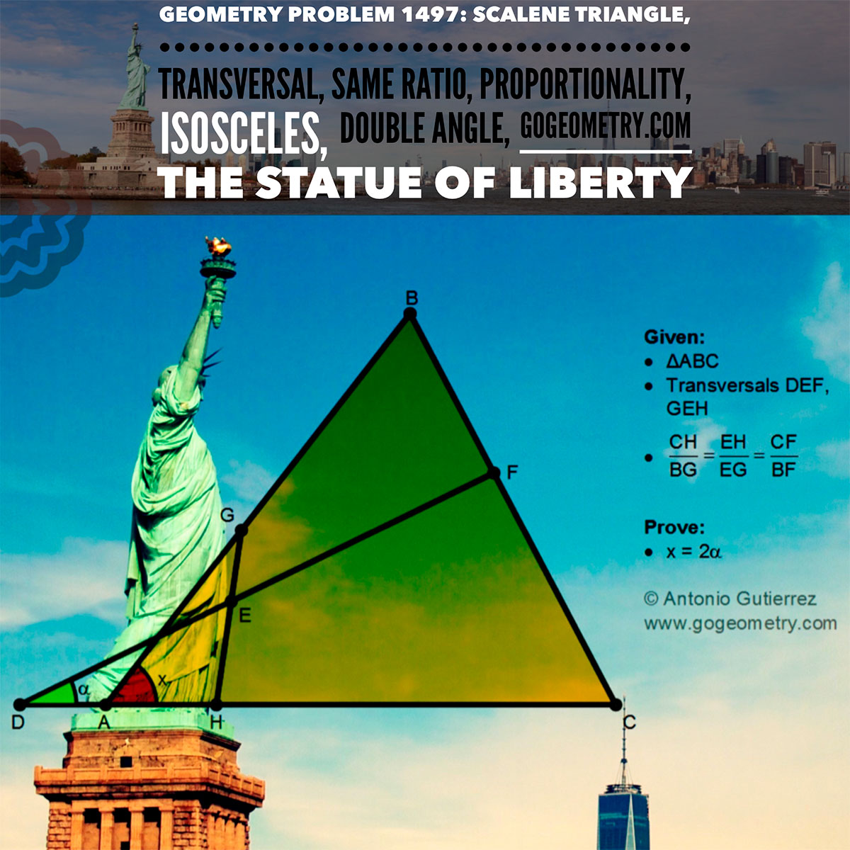 Geometry Problem 1497: Triangle, Transversal, Same Ratio, Proportionality, Isosceles, Double Angle, Statue of Liberty in the background