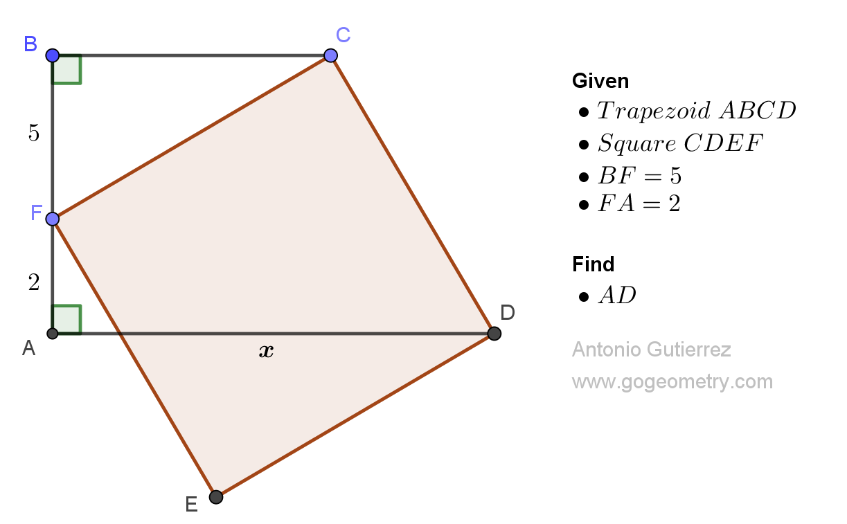 Geometry Problem 1509: Congruence of Triangles in a Trapezoid and a Square, Measurement. Difficulty Level: High School.