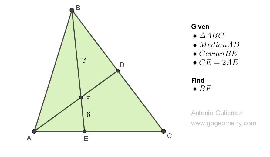 Geometry Problem 1512: Finding the Length of a Segment in a Triangle with a Median and a Cevian with Given Ratio. Difficulty Level: High School