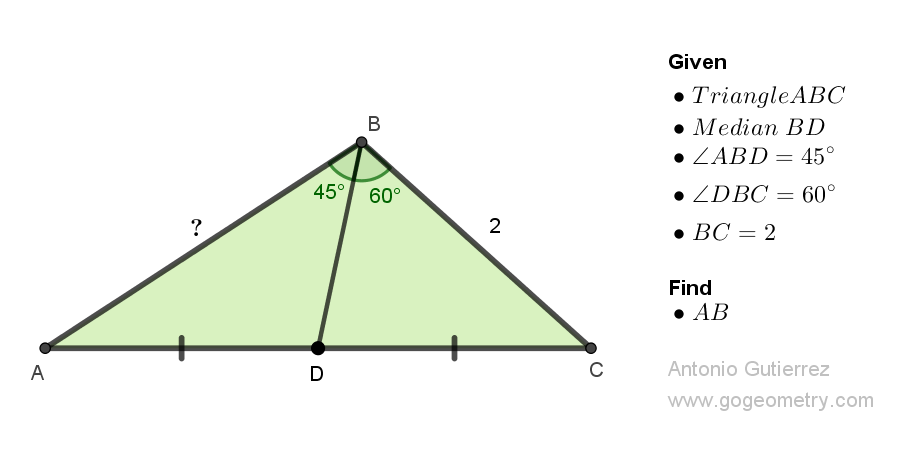 Geometry Problem 1517: Unlocking Triangle Side Length: Solving with a Median and Two Angles. Difficulty Level: High School.