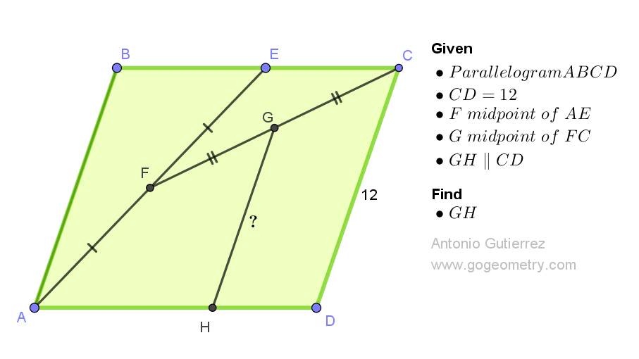 Geometry Problem 1519: Discover the Length of a Segment in a Parallelogram using Midpoints and Parallel Lines. Difficulty Level: High School.