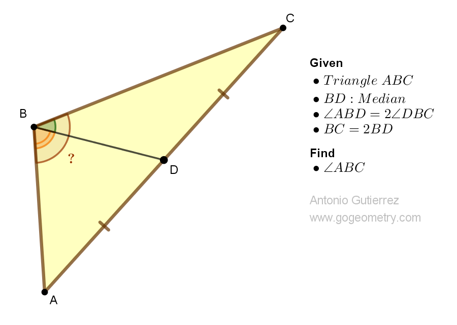 Geometry Problem 1522: Unlocking the Angle Measure of a Triangle with Median and Doubled Side Lengths. Difficulty Level: High School.