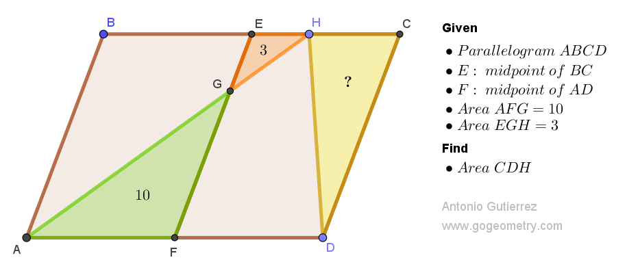 Geometry Problem 1537 Challenge: Can You Solve for the Missing Area in a Parallelogram using Midpoints and Intersection Points.