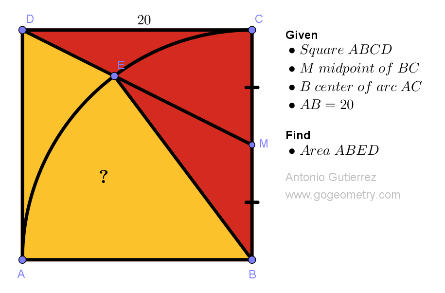 Geometry Problem 1543: Calculating the Area of Quadrilateral ABED in a Square with a Side Length of 20 and an Intersecting Arc