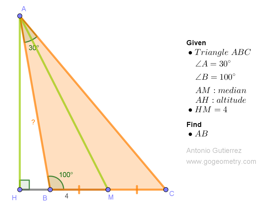 Illustration of problem 1554: triangle ABC with angles A and B measuring 100 degrees and 30 degrees, respectively. Altitudes AH and median AM are constructed, and HM has a length of 4 units.
