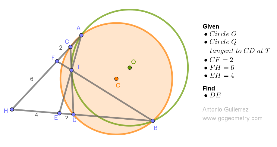 Illustration of problem 1555: Circle with chord CD, tangent circle, and lines AC, BD, AT, BT, and points A, B, H, E, F.