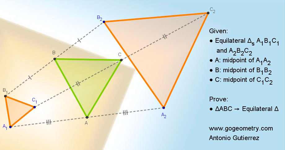 Illustration of Midpoints of lines connect Corresponding vertices of an equilateral triangle, A charming proof yields A hidden symmetry in geometry, Triangles three make one.
