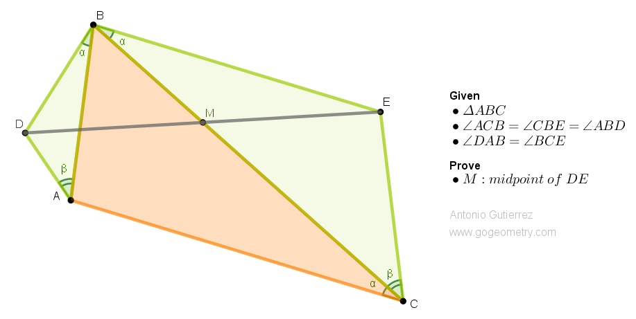 Illustration of Geometry problem 1559 triangle ABC with exterior triangles ABD and BCE.