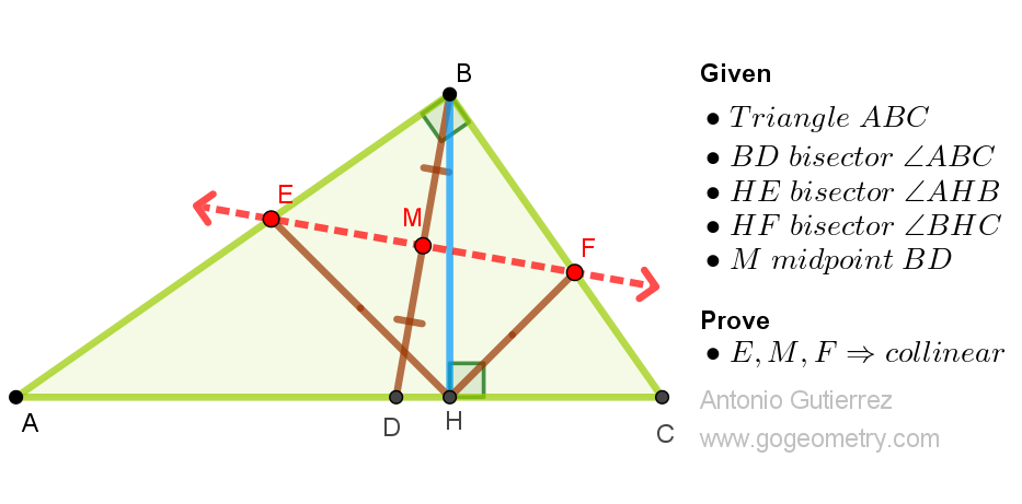 Diagram of right-angled triangle ABC with altitude, bisectors, and midpoint proving collinearity. Geometry Problem 1562.