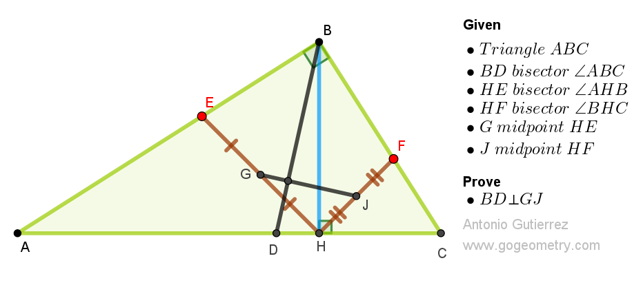 Diagram of right-angled triangle ABC with altitude, bisectors, and midpoint proving collinearity. Geometry Problem 1563.
