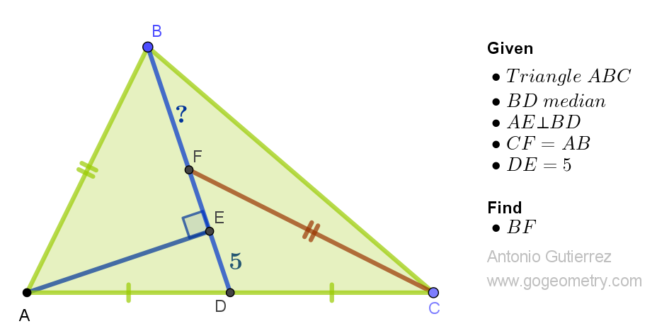 Diagram of triangle ABC Involving Triangle, Median, Perpendicular, Congruence. Geometry Problem 1565.