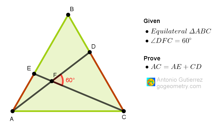 Diagram of equilateral triangle ABC Involving two intersecting cevians, 60-degrees. Geometry Problem 1566.