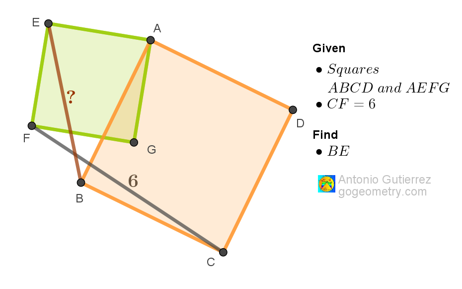 Diagram of Diagram of overlapping squares ABCD and AEFG with a common vertex at A. Geometry Problem 1570.