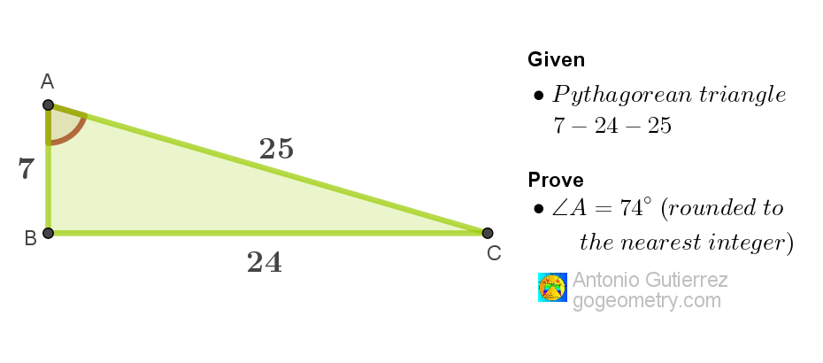 Diagram of a Pythagorean triangle with sides 7, 24, and 25. Geometry Problem 1571.