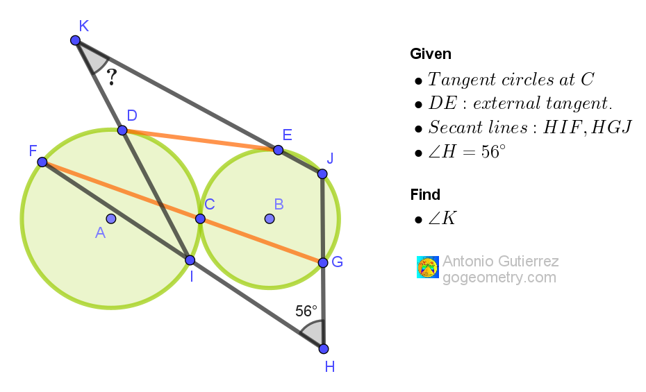 Geometry diagram 1573 showing two tangent circles, secants, and tangents to solve for the angle at K.