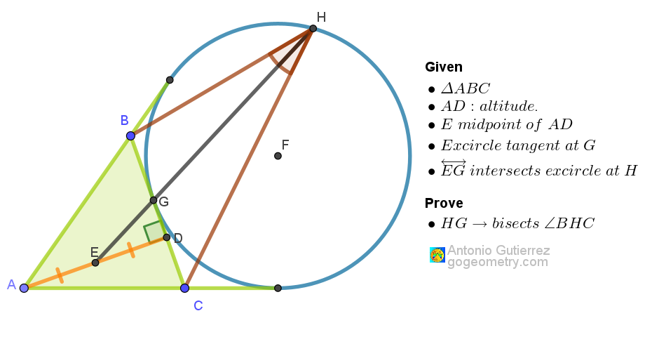 Geometry diagram 1575 showing Geometry challenge: Prove HG bisects angle BHC in triangle ABC with altitude AD, midpoint E, and excircle