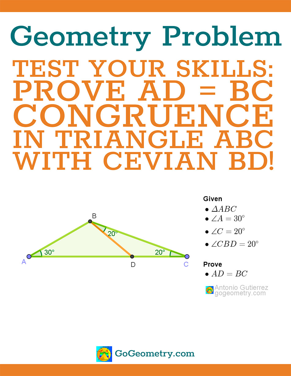 Flyer of Geometry Problem 1576 involving showing triangle ABC with interior cevian BD and angles of 30 and 20 degrees using iPad Apps, Tutor