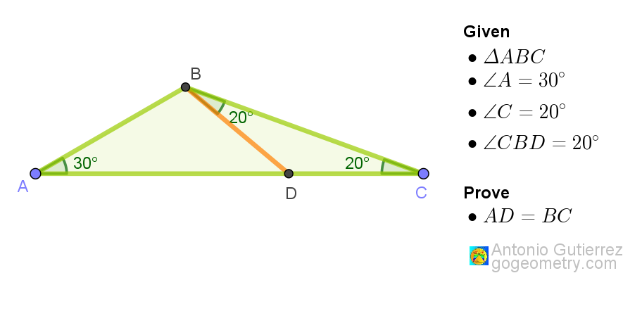 Geometry diagram 1576 showing triangle ABC with interior cevian BD and angles of 30 and 20 degrees