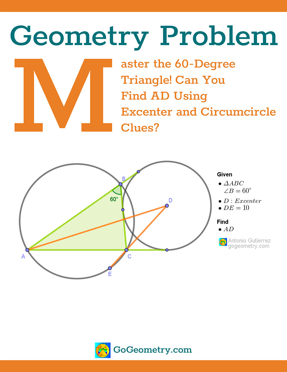 Flyer of Geometry Problem 1580 involving triangle, 60-degrees, excenter, circumcircle, measurement using iPad Apps, Tutor