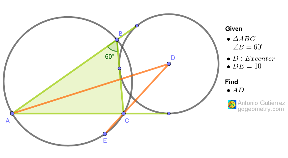 Geometry problem involving an excenter, circumcircle, and triangle ABC with a 60-degree angle
