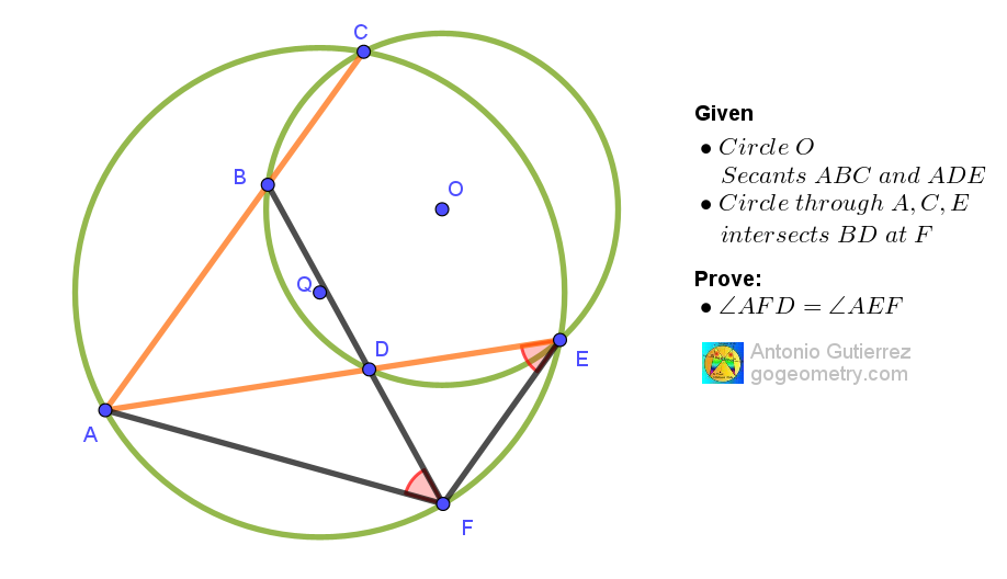 Geometry problem 1582 Diagram showing secants intersecting a circle and proving that angles AFD and AEF are equal
