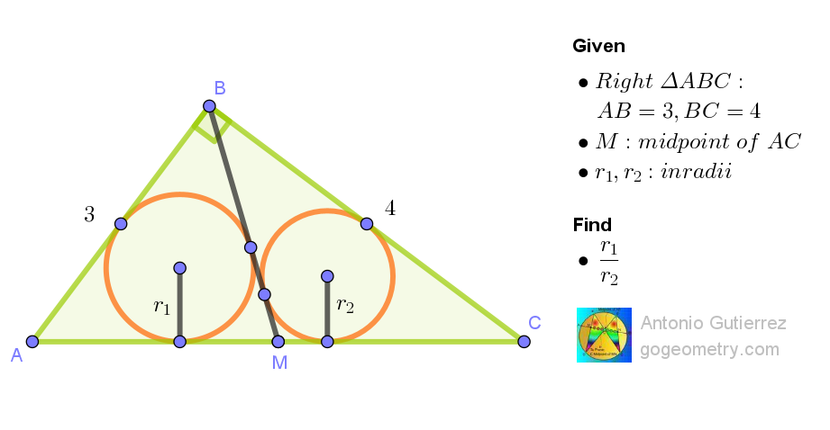 STEM geometry problem 1598 showing a right-angled triangle with median BM to midpoint M and inradius ratio challenge