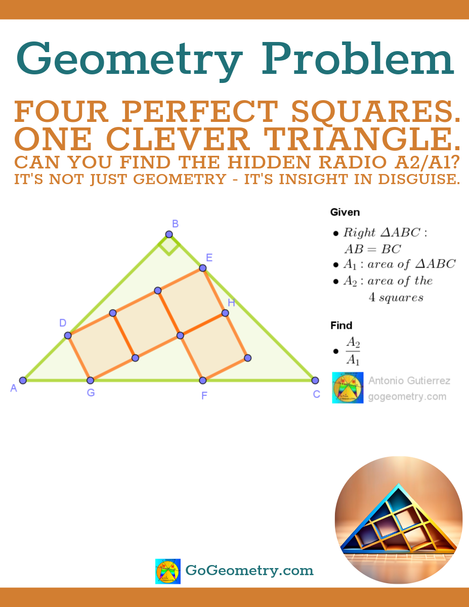 Flyer of Geometry problem 1599 involving concepts of right-angled isosceles triangles, squares, area calculation, proportional reasoning, special right triangles, and the Pythagorean theorem – Explore Geometry Through a STEM Perspective