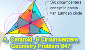 van Lamoen Circle, Triangle, Medians, Centroid, Six Circumcenters, Concyclic Points