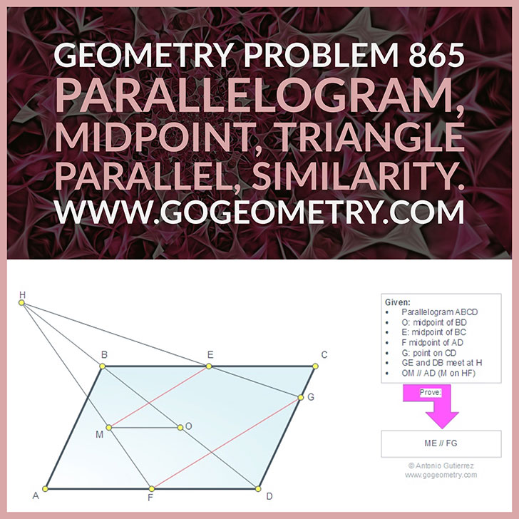 Typography of Geometry Problem 865: Parallelogram, Diagonal, Midpoint, Side, Triangle, Parallel, Similarity, iPad Apps. Math Infographic, Tutor