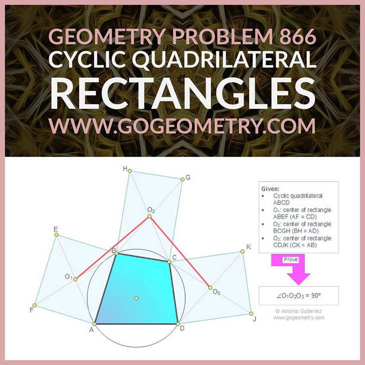 Typography of Geometry Problem 866: Cyclic Quadrilateral, Circle, Rectangle, Center, Congruence, 90 Degrees, iPad Apps. Math Infographic, Tutor