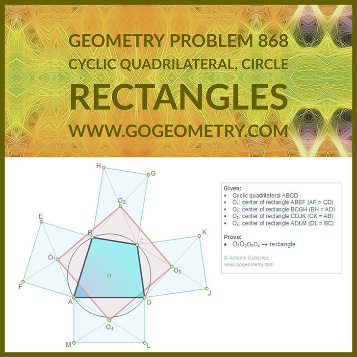 Typography of Geometry Problem 868: Cyclic Quadrilateral, Circle, Five Rectangles, Four Centers, Congruence. Math Infographic, Tutor