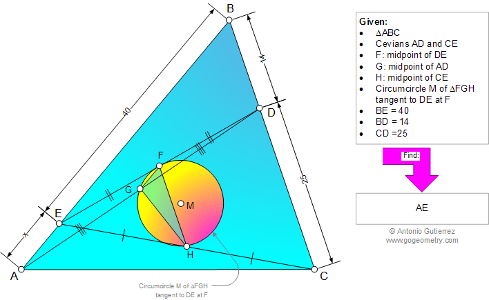 Problema de Geometra965 (English ESL): Triangulo, Cevianas, Punto Medio, Circunferencia Circunscrita, Tangente, Relaciones Mtricas