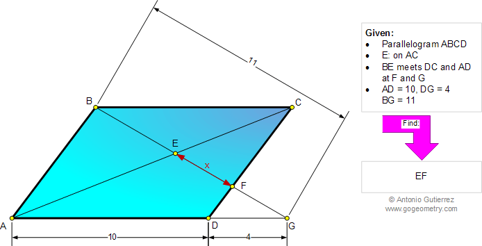 Geometry Problem 978: Parallelogram, Diagonal, Transversal, Similarity, Metric Relations