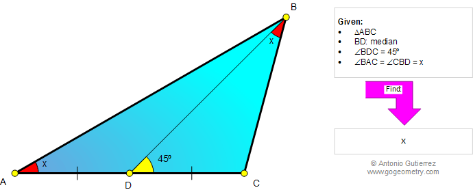 Geometry Problem 985: Triangle, Median, Midpoint, Equal Angles, 45 Degrees