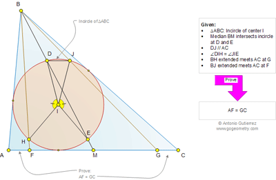 Online Geometry Problem 990: Triangle, Incircle, Median, Cevian, Central Angle, Congruence, Circle, Secant, Midpoint.