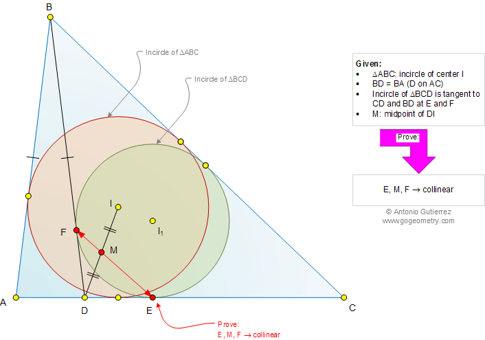 Geometry Problem 991: Triangle, Incircle, Tangent Points, Isosceles, Midpoint, Collinearity, Congruence, Circle