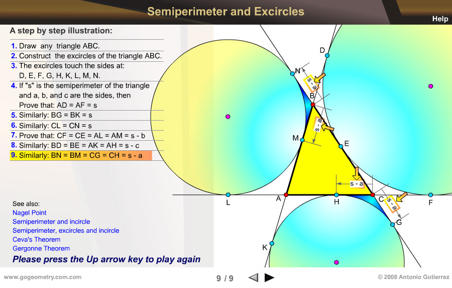 Triangle, Excircles, Circle, Tangency Points, Tangent, Semiperimeter, Side, (s-a), (s-b), (s-c)